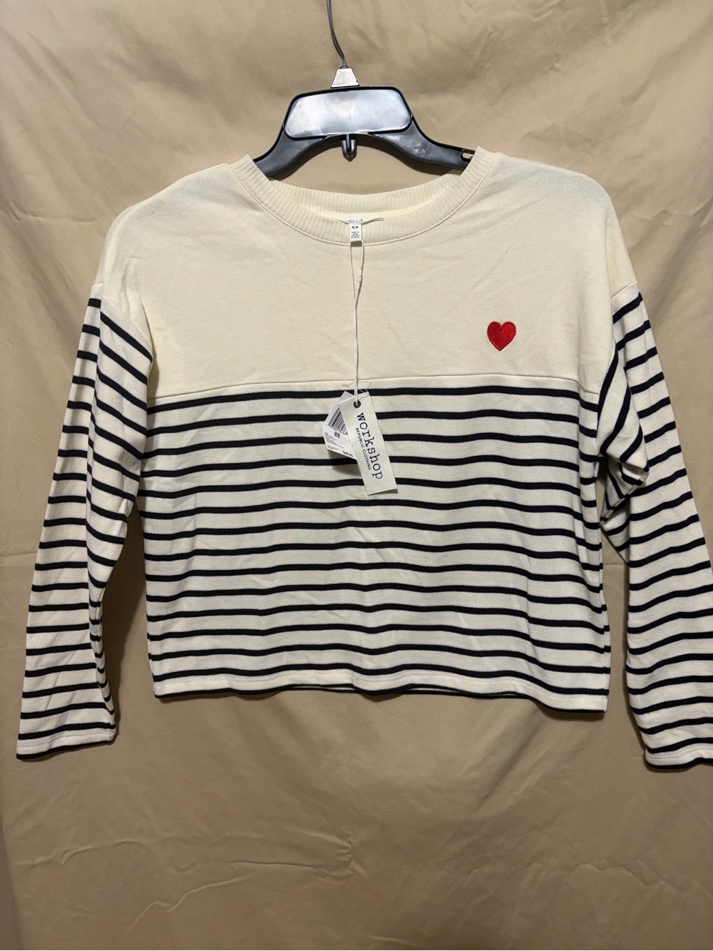 Workshop Republic Clothing Cream and Black Striped Crewneck with Red Heart Patch